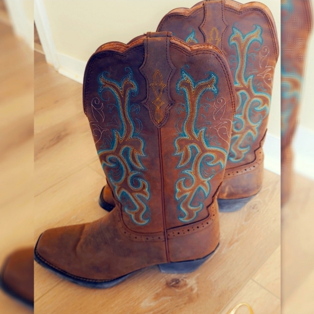 Brown Cowboy Boots with Blue Embroidery